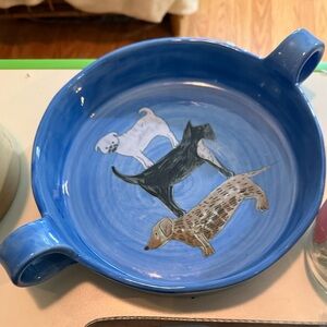 Anthropologie , Gemma Orkan Handpainted Blue with Handles Dog Dish,With 3 Dogs